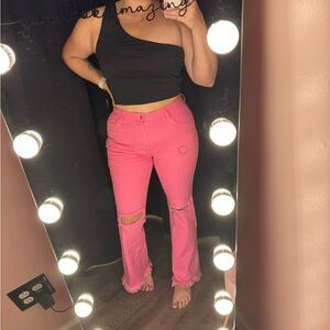 Pink Distressed Flare Jeans - Women